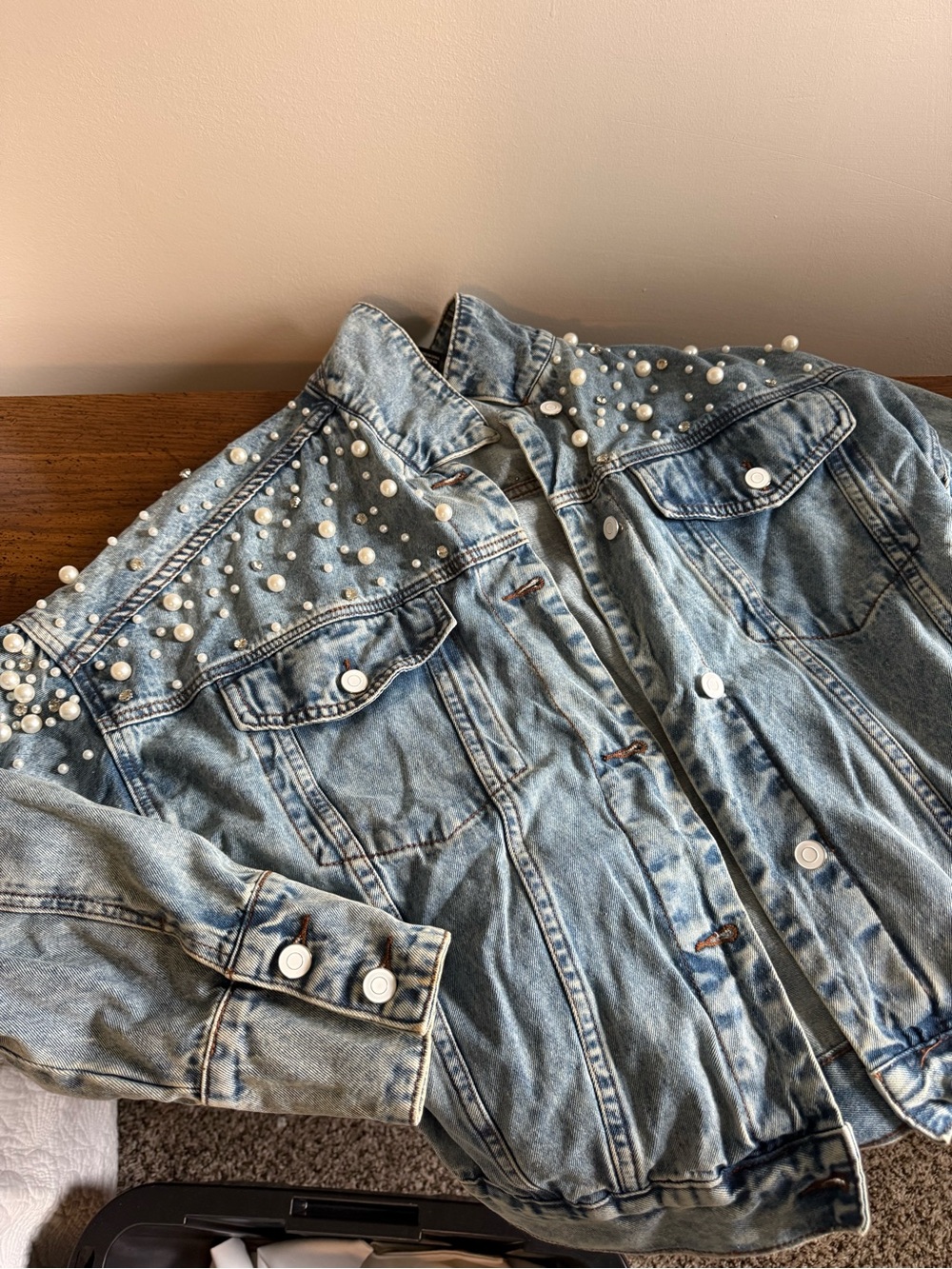 Forever 21 Light Blue Pearl-Embellished Denim Jacket